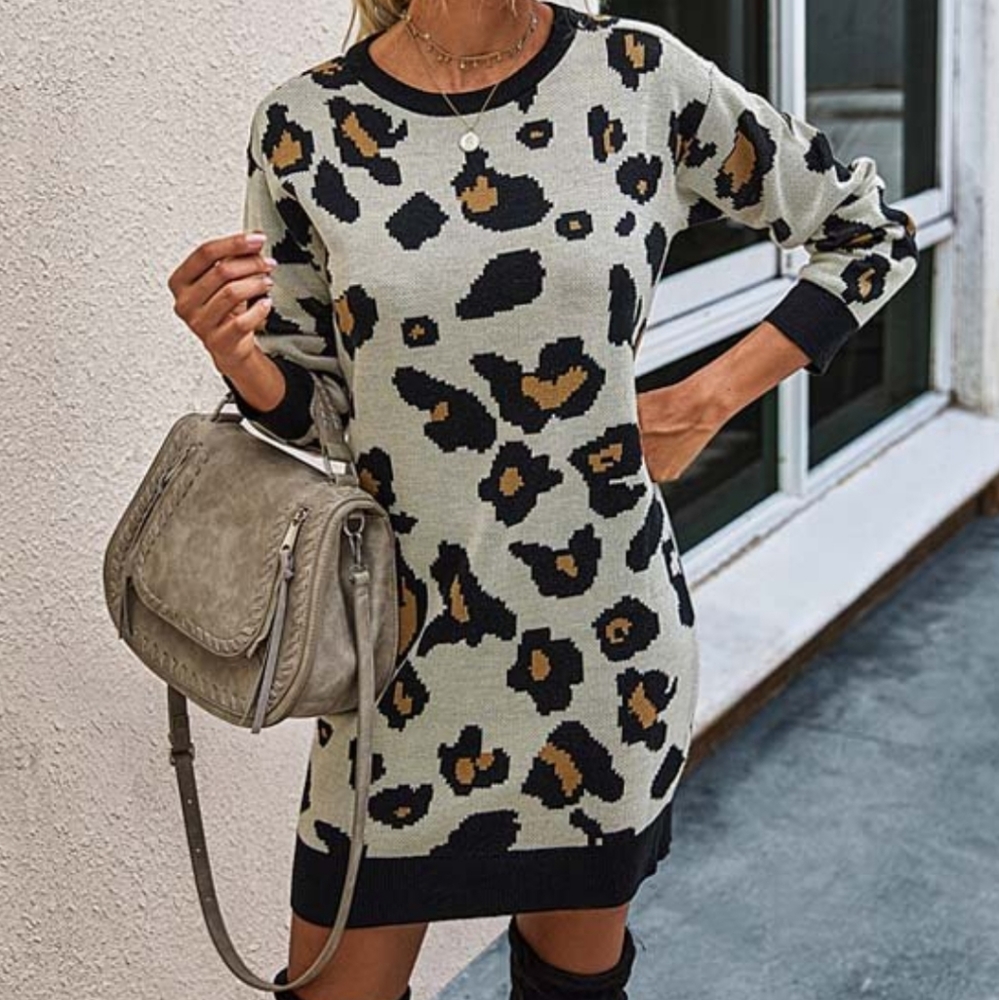 Beige Leopard Longsleeve Sweater Dress with crewneck
